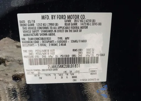 2018 Lincoln Mkt z USA, uszkodzony, nr VIN 2LMHJ5NK2JBL01831